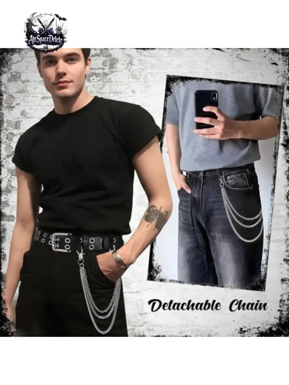 Leather Double Grommet Studded Belt with Detachable Chain for Jeans Pants Punk